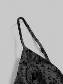 ROMWE Goth 黑暗森林哥特式优雅猫藤十字架玫瑰情人节黑灰色性感浪漫露背拉链连衣裙女士 - 黑色 - 查看 3