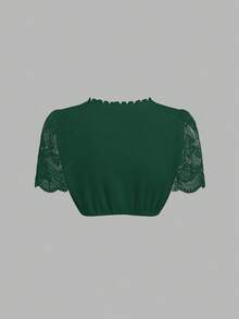 Fairmaia German Traditional Women Contrast Lace Short Sleeve Sweetheart Neck Blouse - Dark Green - View 2