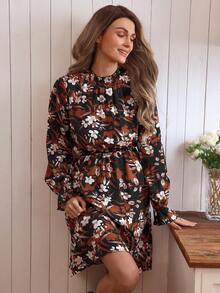 Louniche Women's Floral Print Collared Waist Cinched Long Sleeve Short Dress, Brown Tones, Autumn/Winter - Brown - View 7
