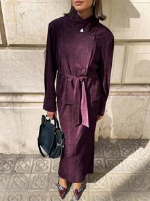 Aloruh Women's New Autumn/Winter Cherry Red Short Suede Trench Coat With Double-Breasted Stand Collar, Waist Belt - Burgundy - View 6