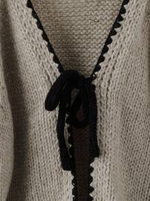 SHEIN PETITE CURVE 大码休闲毛衣，系带蝴蝶结，撞色滚边开衫，女士秋季服装 - 灰色 - 查看 3