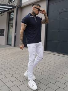 Artur Kramer Top Polo de Estilo Casual Colorblock de Verão para Homens, Estilo Europeu e Americano, com Gola Virada e Botões - Azul Marinho - Visão 6