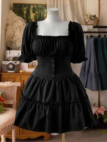 Sunspun Plus Size Square Neck Lantern Sleeve Solid Color Waist Tie Casual Young Lady Dress, Dark Style  Gothic Dress Halloween - Black - View 1