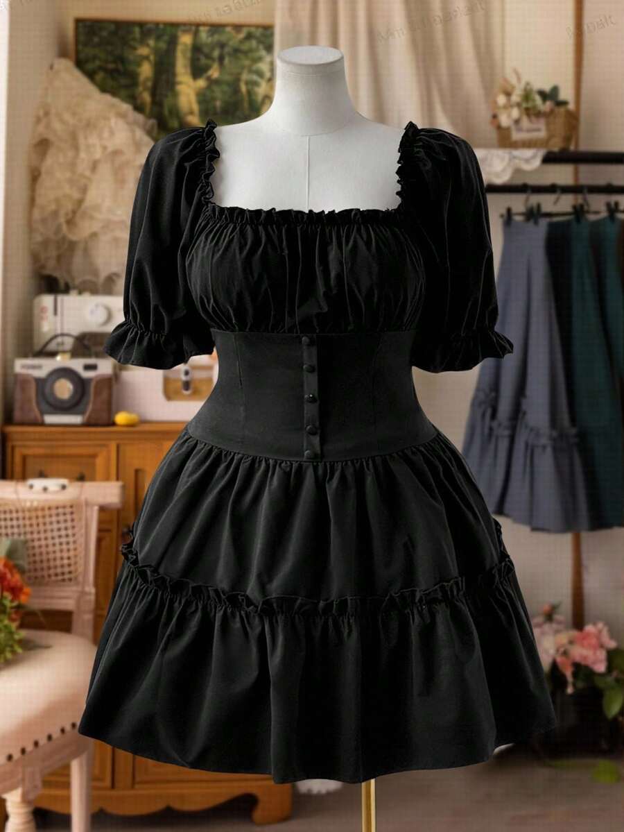 Sunspun Plus Size Square Neck Lantern Sleeve Solid Color Waist Tie Casual Young Lady Dress, Dark Style  Gothic Dress Halloween - Black - View 1