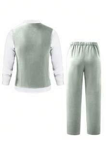 SHEIN 两件套青少年男士绅士套装，藏蓝色修身马甲+纹理长裤，优雅正式西装，适合生日、婚礼、婚礼宾客、花童、戒指童、返校等场合。 - 薄荷綠 - 查看 2