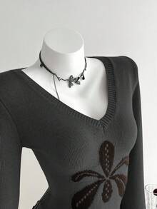 Elamini 1 قطعة كنزة صوفية نسائية، بنفسجي، خريف/شتاء، تصميم أنيق بياقة على شكل حرف V مزخرف بالزهور، تصميم ألوان متباينة، أكمام واسعة، محبوكة مرنة، كاجوال - رمادي غامق - مشاهدة 3