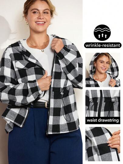 Momelise Plus Size Women's Hooded Waist Drawstring Plaid Casual Jacket, Suitable For Outings, Commuting, And Daily Wear Vintage Breezy Checks Season Autumn Fall Winter Cloth For Women