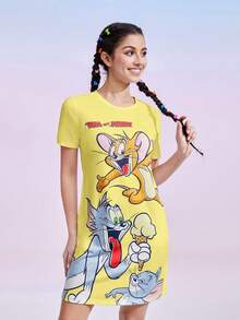 TOM & JERRY X SHEIN 女士可爱卡通印花短袖睡衣连衣裙，休闲夏季款，哞哞睡裙 - 黃色 - 查看 6