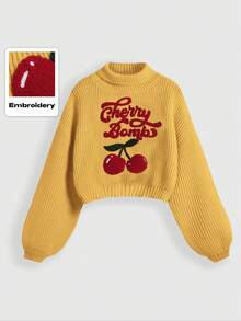 ROMWE Fairycore Spring Mori Girl Cute High Neck Cherry Embroidered Logo Lantern Sleeve Plus Size Sweater