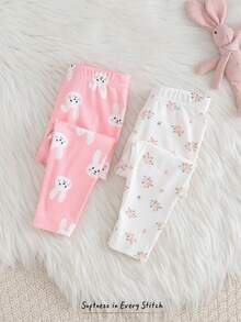 Cozy Pixies 2件套女婴卡通兔子图案针织柔软弹力腰裤套装 - 粉色 - 查看 7