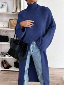 EURMUSE Maglione lungo casual da donna con collo alto e spacco profondo - Blu Navy - Visualizzare 6
