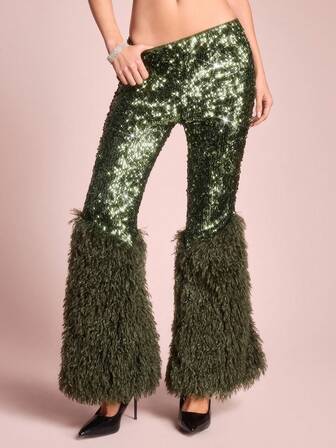 Modische Damen Party Hose mit Pailletten-Stickerei und Kunstfell-Patches, Taille tief geschnitten, Herbst/Winter