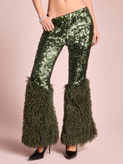 Pantalones de cintura baja con parches de piel sintética, bordado de lentejuelas y estilo de moda para mujer, para otoño/invierno