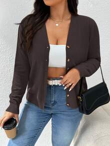 CosyJoli Plus Size Women Casual Solid Color All-Match Cardigan Brown Blouses For Women Coffee Brown Top Dark Brown Top/Winter