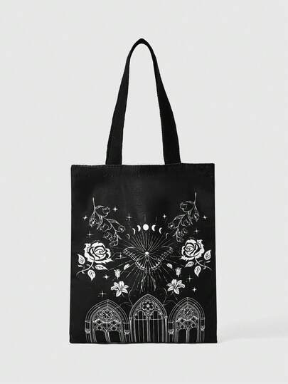Grunge Punk Reusable Canvas Tote Bag With Allover Print Eye/Moon/Star Pattern, Shoulder Bag Design Suitable For Shopping