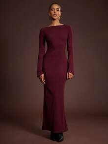 L'Amorae Soft Knit Flowy Adjustable Open Back Long Sleeve Maxi Dress