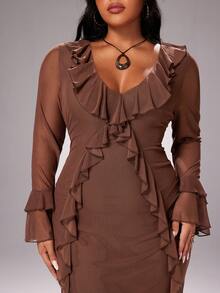 Rustia Sexy V-Neck Ruffle Patchwork Slim Fit Mini Dress - Brown - View 5