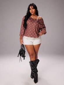 Rustia Plus Size Women's Polka Dot Sweatshirt, Brown, Casual & Comfortable Pullover Sweatshirt For Autumn/Winter Casual - Brown - View 5