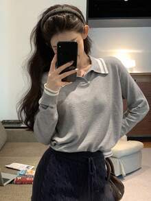 DAZY 女式条纹高领长袖休闲毛衣，秋冬 - 灰色 - 查看 7