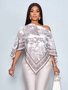 SOLERSUN 女士春夏休闲优雅杏色印花不对称领长袖不对称下摆衬衫，时尚复古日落假日印花蝙蝠袖上衣，新款上市，百搭，适合春夏日常通勤、外出穿着 - 咖啡棕 - 查看 4