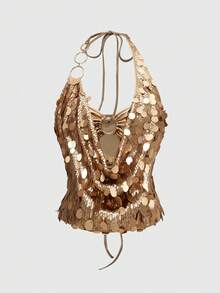 ROMWE EDITION Bộ 2 món áo crop top hở vai đính sequin dự tiệc Y2K gợi cảm cổ điển và chân váy mini cạp thấp dành cho nữ - màu nâu - Xem 6