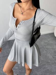 Zielony 女士休闲纯色罗纹腰短裙 - 灰色 - 查看 3