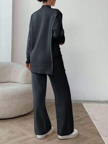 EURMUSE Women Solid Color Button Detailed Mock Neck Drop Shoulder Pullover & Sweater Pants Set,Petite,Winter Clothes - Dark Grey - View 2