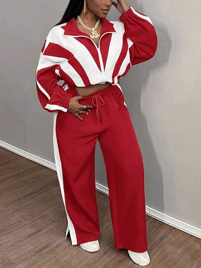 Slaydiva Women's Color Block Jacket And Pants Sports Casual 2 Pieces Set,Fall,Fall Clothes For Women,Women's Winter Clothes