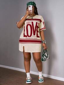 Slaydiva 大码早春度假休闲粉色侧开衩落肩短袖连衣裙