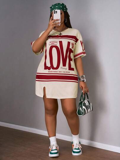 Slaydiva 大码早春度假休闲粉色侧开衩落肩短袖连衣裙