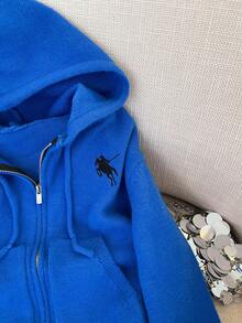 Franclia Cardigan cu glugă, brodat, cu fermoar și șnur, pentru femei, casual, pentru naveta zilnică, toamnă/iarnă - Albastru - Vizualizare 4