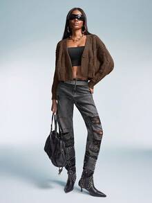 Aveloria GENKIRA Cable Knit Drop Shoulder Cardigan Oversized Sweater  - Coffee Brown - View 5