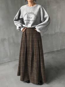 FRIFUL 女士格子百褶喇叭裙，休闲百搭长裙，适合秋冬季穿着 - 棕色 - 查看 2