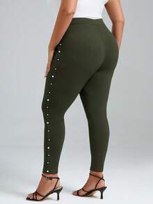 Chikora 大码高腰珍珠串珠修身休闲裤 - 軍綠色 - 查看 2