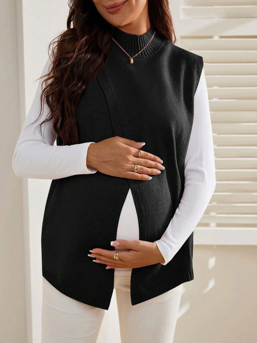 SHEIN 孕妇休闲纯色简约立领毛衣背心 - 黑色 - 查看 1