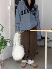 DAZY 女士字母印花宽松加厚抓绒卫衣，秋季连帽衫，女士秋季服装外套拉链款，冬季