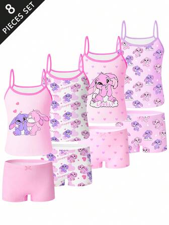 4pcs/Set Girls' Minimalist Solid Color Wireless Camisole & Comfortable Boyshort Panty Underwear Set Girls Pajama Short Sets Sleepwear Set Spaghetti Strap Girls Multi Pack Clothes