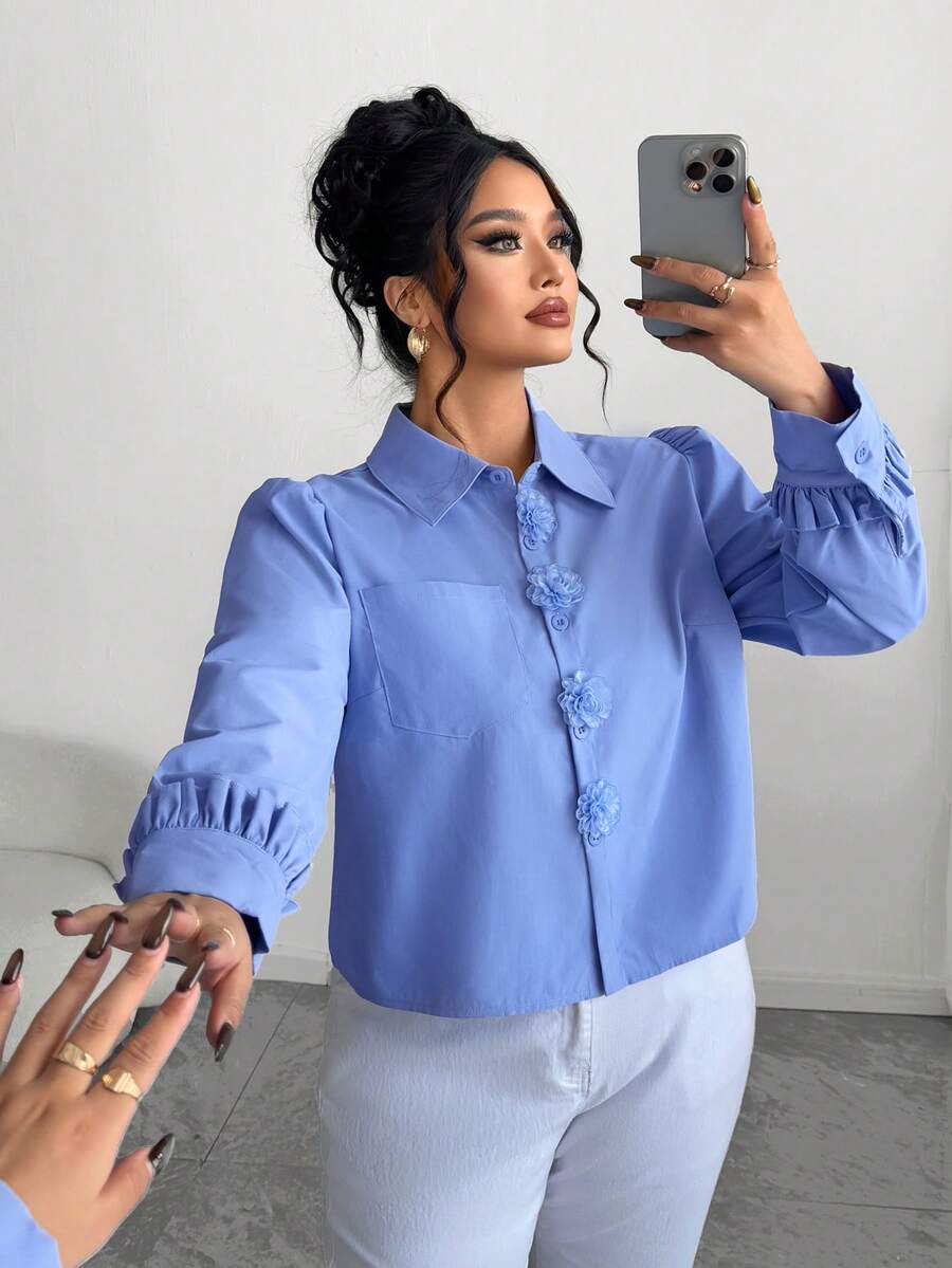 Elenzga Große Größen Blumen Knopf Kragen einfarbige Strickjacke, elegante Bluse - Blau - Übersicht 1