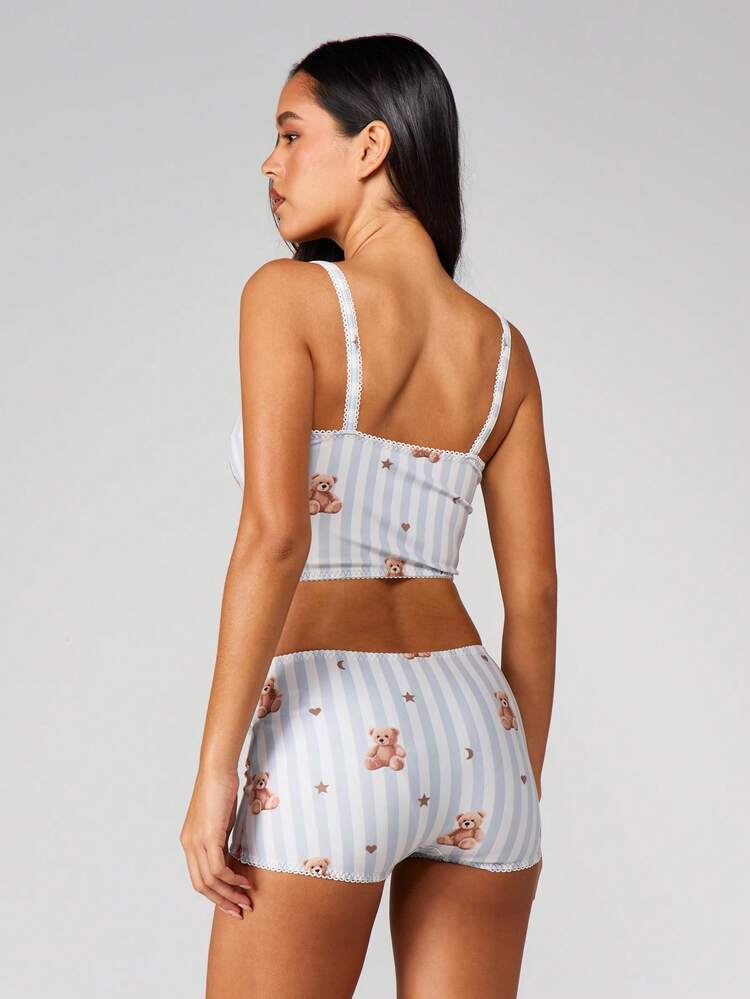 MISSGUIDED 크리스마스 베어 프린트 스트라이프 레이스 트림 세트