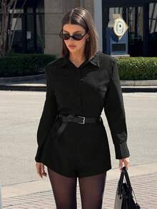 Siren Gaze 女士纯色长袖单排扣衬衫和短裤优雅两件套 - 黑色 - 查看 5