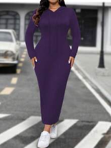 SHEIN LUNE Plus Size Solid Color Long Sleeve Casual Slim Long Dress Maxi Women Outfit - Purple - View 4