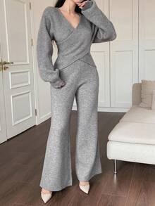 DAZY 女士优雅通勤交叉裹身毛衣和针织裤两件套