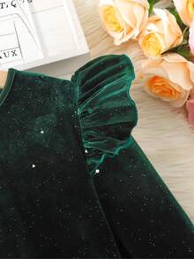 SHEIN Tween Girl Casual Minimalist Comfortable Round Neck Ruffle Hem Long Sleeve Dress - Green - View 4