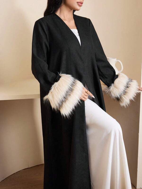 Veilorie Women's Conservative Abaya With Fur Cuff Trim
