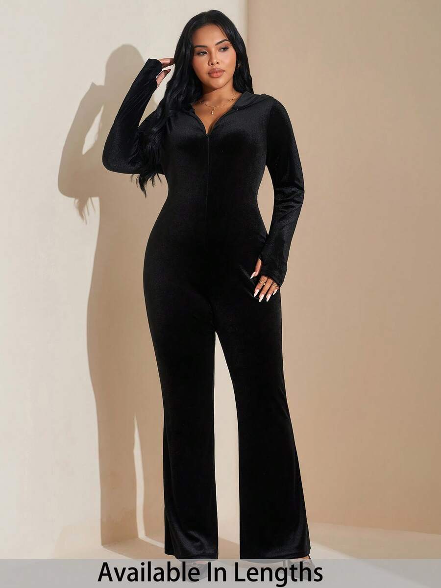 SHEIN Tall CURVE Plus Size Casual Minimalist Solid Color Velvet Slim Fit Jumpsuit For Autumn/Winter - Black - View 1