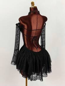 Amplova 女士纯色蕾丝拼接透视露肩性感长袖迷你连衣裙 - 黑色 - 查看 2