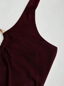 Sweetra 女士纯色环扣式露背吊带背心 - 酒紅色 - 查看 5