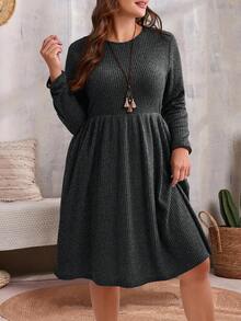 EMERY ROSE 大码纯色圆领口袋休闲长袖秋季连衣裙 - 灰色 - 查看 4
