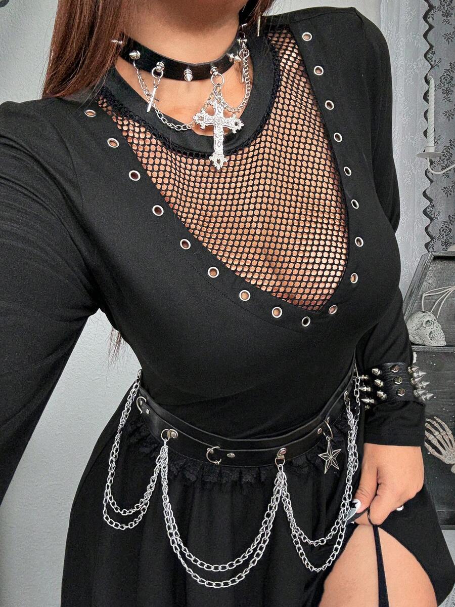 Whyspr Grunge Punk Spring, Fall, Winter New Dark Style Sexy Mesh Patchwork Design Eyelet Sheer Long Sleeve Round Neck T-Shirt Bodycon Slim Fit Mini Dress For Women - Black - View 1