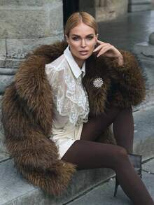 FLORETTA ÉLENA Jachetă de damă la modă cu mânecă lungă și guler din blană artificială Ombre toamnă/iarnă nouă - Maro - Vizualizare 1